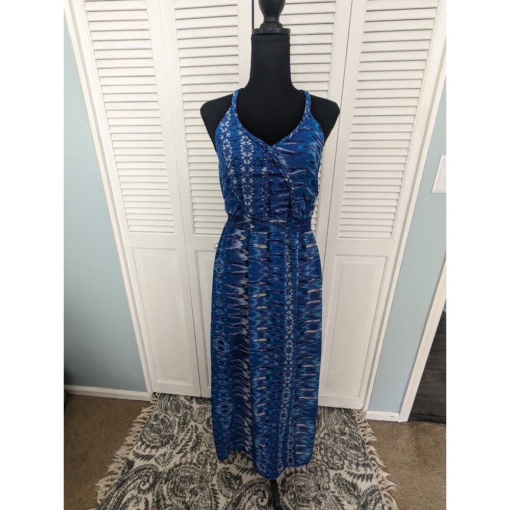 Charlie Jade Dress Womens sz S Sleeveless Maxi Blue Watercolor Faux Wrap Chiffon